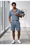 Men's Petrol Blue Olympos Zippered Collared Twill Fabric T-Shirt Shorts Combination Set - 4