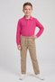 Boy's Fuchsia Long Sleeve Polo Collar T-Shirt Beige Ribbed Waist Canvas School Pants Bottom - Top Set School Outfit - 2