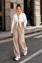 Women's Beige Muslin Wide-Legged Trousers with Pockets, Elastic Waist, Lace-Up, Comfortable Fit Pants - 3