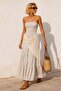 Beige - Blue Striped Gipeli Strapless Maxi Length Linen Effect Bohemian Dress