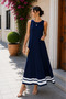 Timeless Elegance for Summer - Women's Round Neck Marine Detailed Long Viscose Dress - 6