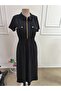 Women's short sleeve collared zippered ornament pocket detailed long viscose two thread dress - 4