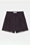 Women's Plum Striped W6-52 Midi Length Pleated Lace Detailed Design Shorts - 7