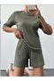 Women Short Sleeve Crew Neck Camisole Blouse Shorts Two Piece Set