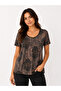 Women's Beige Tones Dark Mink Patterned Short Sleeve Oval Neck Plus Size Blouse - 5