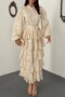 Women's Beige Long Dress with Stand Collar, Buttons, Belt, Flounces and Floral Texture - 6