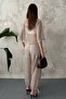 Women's Beige Top and Bottom Set Sequined Double Set Crew Neck Three Quarter Sleeves Lace-Up Hem - 5