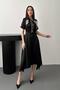 Women's Black Scarf Collar Satin Midi Dress with Asymmetrical Hem - 2