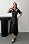 Women's Black Scarf Collar Satin Midi Dress with Asymmetrical Hem