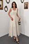 Women's Beige Bow Strap Square Neck Fitted Waist Flared Maxi Dress