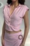 Women's Powder Bottom-Top Set Shirt Skirt Set Crop Buttoned Draped Slit Midi - 4
