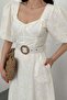 Women's Ecru Midi Brode Dress with Square Collar, Chest Cups, Balloon Sleeves, Belted and Lined - 4