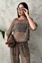 Women's Brown Top and Bottom Set Sequined Double Set Crew Neck Three-Quarter Sleeves Lace-Up Hem - 3
