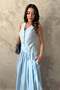 Women's Blue V-Neck Button Detailed Side Belted Sleeveless Maxi Dress - 3