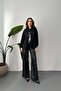 Women's Black Suede Shirt with Stand Collar, Snap Buttons, Double Pockets, Long Sleeves, Regular Length - 3