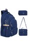 Crinkle Fabric School Backpack Set of 3 with Thermal Lunch Bag and Pen Holder, Navy Blue with Monkey Keychain Gift - 2