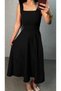 Women's Strappy Square Collar Long Crepe Dress with Tie Detail at the Back of the Waist - 4