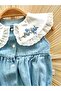 Baby Girl Floral Embroidered Ruffle Hat Summer Denim Overalls - 6