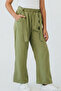 Girls' Trousers with Tie Detail, Comfortable Cut, Pockets, Ages 9-14, Khaki Green