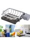 Faucet holder, kitchen sink sponge rack, with tray and hooks, aluminum faucet storage rack, can hold brushes, dishcloths, soap, etc., silver.