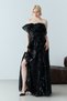 Black Strapless Flounce Patterned Slit Chiffon Evening Dress - 2