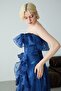 Navy Blue Strapless Flounce Patterned Slit Chiffon Evening Dress - 6