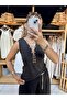 Women's Black Color V-Neck Low-Cut Buttoned Lined Body Blouse - 4