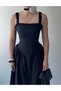 Women's Black Midi Dress with Square Collar, Drawstring Straps and Ribbed Waist Detail - 3
