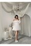 Women's White Mini Dress Chiffon Boat Neck Balloon Sleeves Gathered Flounces - 6