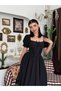 Women's Black Midi Dress Square Neck Balloon Sleeves Bow and Lace Detailed Poplin