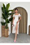 Women's White Midi Dress Square Neck Balloon Sleeves Floral Patterned Slit Poplin - 8
