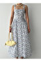 Women's Blue Floral Patterned Square Neck Gathered Strap Midi Dress - 2