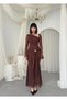 Women's Coffee Color Asymmetrical Collar Draped Brooch Detailed Tulle Long Sleeve Midi Dress - 8