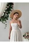 Women's Beige Midi Dress with Thin Straps, Square Neckline, Embroidered Pattern, Gathered Skirt