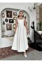 Women's Ecru Midi Dress Square Neck Strappy Patterned A-Line Midi Evening Dress - 6