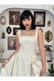 Women's Ecru Polka Dot Strappy Square Neck Fitted Waist Midi Dress