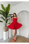 Women's Red Mini Dress Square Neck Backless Flared with Bow Detail - 3
