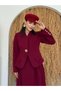 Women's Burgundy Skirt Suit with Stand Collar, Pocket Detail, Single Button, Long Atlas Weaving - 5