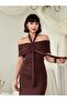 Women's Coffee Color Midi Dress Strapless Collar Draped Halter Lace-Up Diver Fabric