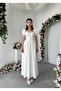 Women's White Midi Dress Square Neck Balloon Sleeves Bow and Lace Detailed Poplin - 6
