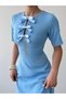 Women's Baby Blue Midi Dress with Stone Bow Detail, Crew Neck, Short Sleeves - 7