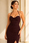 Women's Plum Glitter Halter Neck Back Tie Slit Long Evening Dress - 3