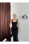 Women's Black Maxi Fish Cut Square Neck Strap Draped Evening Dress - 3