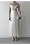 Women's Ecru Midi Dress with Lace Transparent Detail Satin Long Sleeve Evening Dress - 2