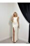 Women's Beige Dress Square Neck Lace-Up Bodice Draped Slit Strappy Maxi Evening Dress