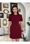 Women's Burgundy Mini Dress with Bow Detail, Short Sleeves, Crew Neck, Atlas Texture - 5