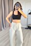 Women's Stone Linen Lace-Up Elastic Waist Wide Leg Long Trousers with Side Pockets - 3