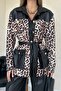 Women's Black Top and Bottom Set with Leopard Pattern Leather Trim and Belted Shirt and Pants - 6