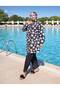 Zippered, Digitally Printed, Lace-Up Waist Hijab Swimsuit - with a Hat as a Gift - White