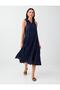 Navy Blue 100% Cotton Shirt Collar Scallop Midi Dress